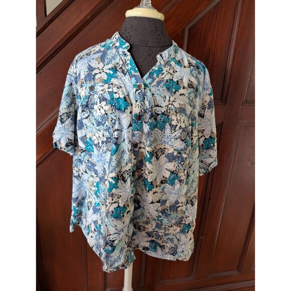 C.J. Banks Floral Button-Down Blouse 2X Blue Beige Short Sleeve Lightweight - Picture 1 of 6